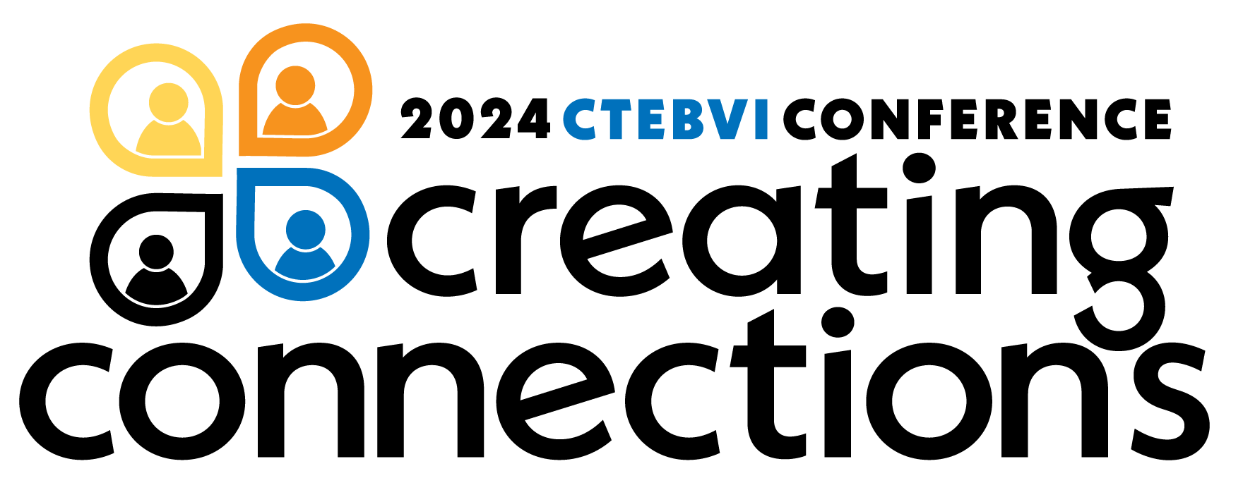 The CTEBVI Creating Connections Conference logo, with the words: 2024 CTEBVI Conference, Creating Connections. A graphic depicts 4 rounded shapes in different colors converging on the center with a person icon in the middle of each shape.